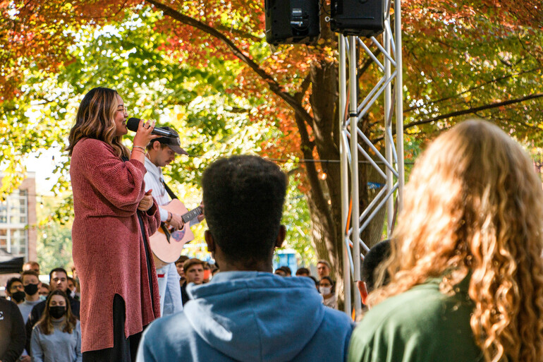 Worship singers on outdoor stage