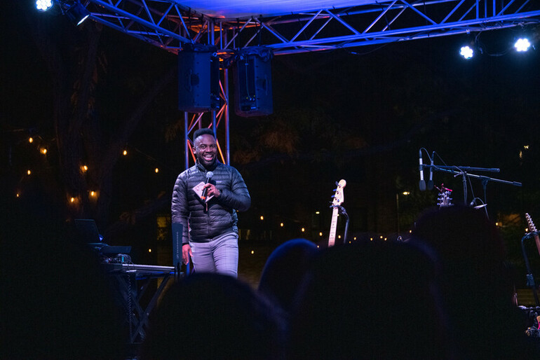 Pastor preaches in outdoor church