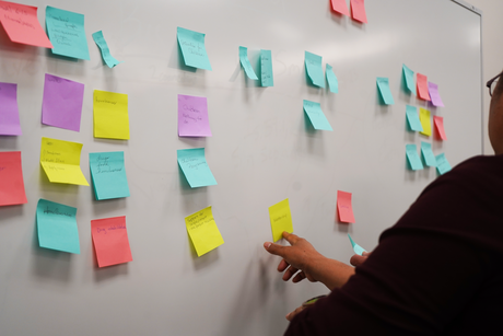 Multicolored sticky notes cover a whiteboard.