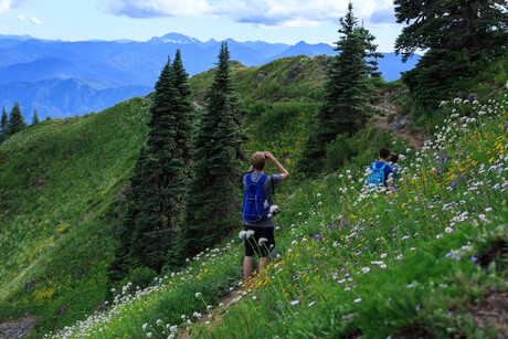Student uses binoculars while hiking on mountain trail