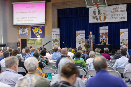 David Preset, Jr., Idaho Conference president, presents his presidential report for the prior quadrennial term to the 55th Regular Constituency Session of the Idaho Conference on Sunday, September 17, 2023, on the campus of Gem State Adventist Academy, in Caldwell, Idaho.