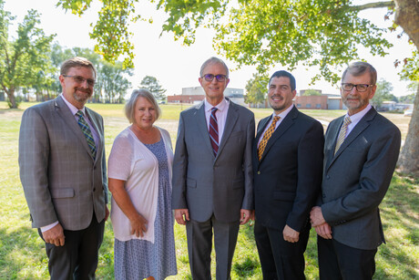 Newly and reelected Idaho Conference leaders Barry Curtis, Idaho Conference ministerial director; Eve Rusk, communications and planned giving and trust services director; David Prest, Jr., Idaho Conference president; David Salazar, Idaho Conference vice presient for administration; Patrick Frey, Idaho Conference superintendent of education. At the 55th Regular Constituency Session of the Idaho Conference on Sunday, September 17, 2023, on the campus of Gem State Adventist Academy, in Caldwell, Idaho.