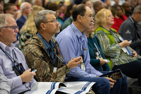 Delegates to the 79th Regular Constituency Session of the Upper Columbia Conference on, vote using electronic devices on Sunday, September 24, 2023, on the campus of Upper Columbia Academy in Spangle, Washington.