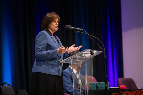 Allee Currier, Upper Columbia Conference vice president for finance, presents the financial outlook and report for the previous four years at the 79th Regular Constituency Session of the Upper Columbia Conference on Sunday, September 24, 2023, on the campus of Upper Columbia Academy in Spangle, Washington.