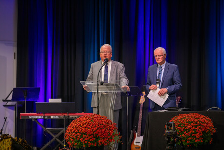 Rodney Mills, Upper Columbia Conference vice president for administration, and Lowell Cooper, former General Conference general vice president and UCC bylaws committee secretary, present the delegates with proposed bylaws changes at the 79th Regular Constituency Session of the Upper Columbia Conference on Sunday, September 24, 2023, on the campus of Upper Columbia Academy in Spangle, Washington.