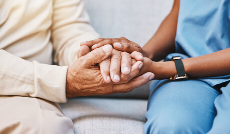 Nurse hands and senior patient in empathy and support